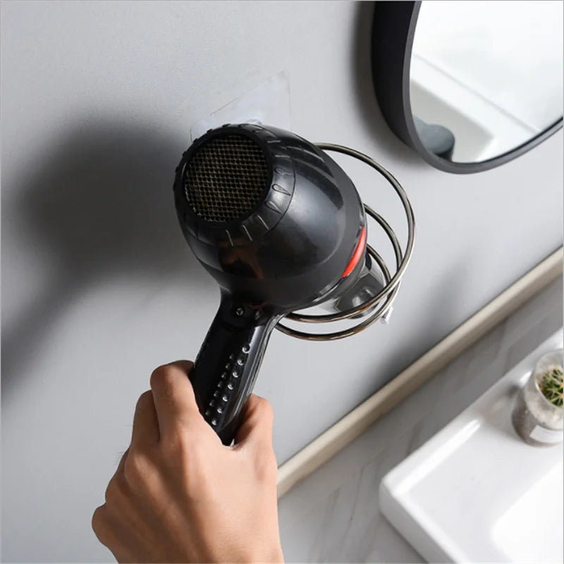 Hair Dryer Holder Blower Organizer Adhesive Wall Mounted Nail Free No Drilling Stainless Steel Spiral Stand Storage For Bathroom